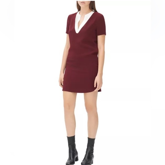Sandro Deep Red and White V-Neck Mini Dress - Picture 1 of 12